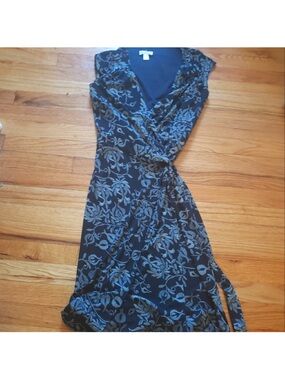 Black Floral Wrap Dress with Blue Leaf Print